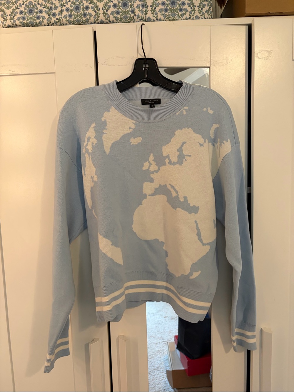 rag & bone Powder Blue and White World Map Crewneck Sweater